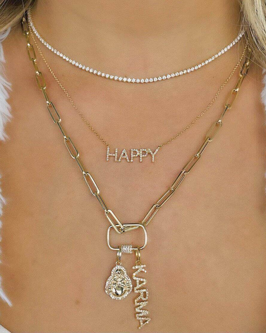 Layered charm necklaces featuring 'Happy' and 'Karma' pendants, perfect for elevating your style.