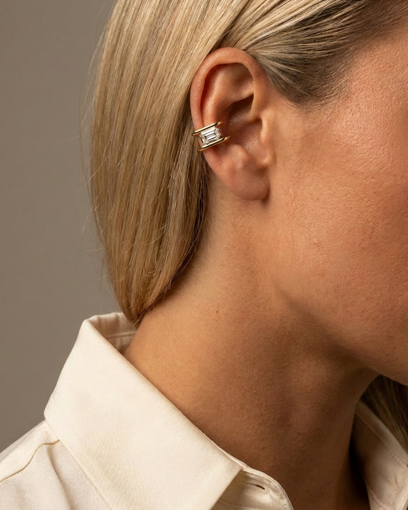 Emerald Cut Lab Diamond Ear Cuff — model shot