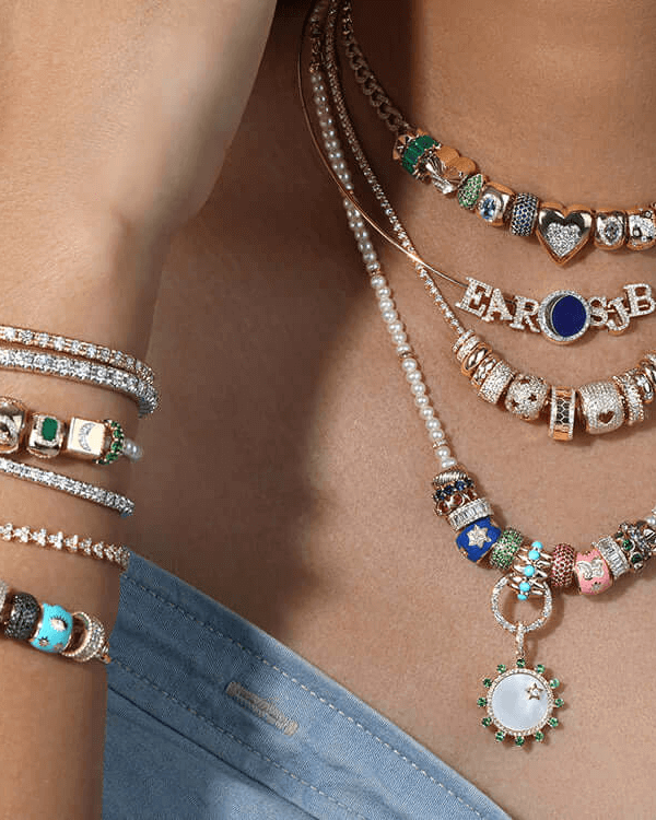 Chains for Rondelles in a stylish collection of gold and colorful bead necklaces and bracelets.