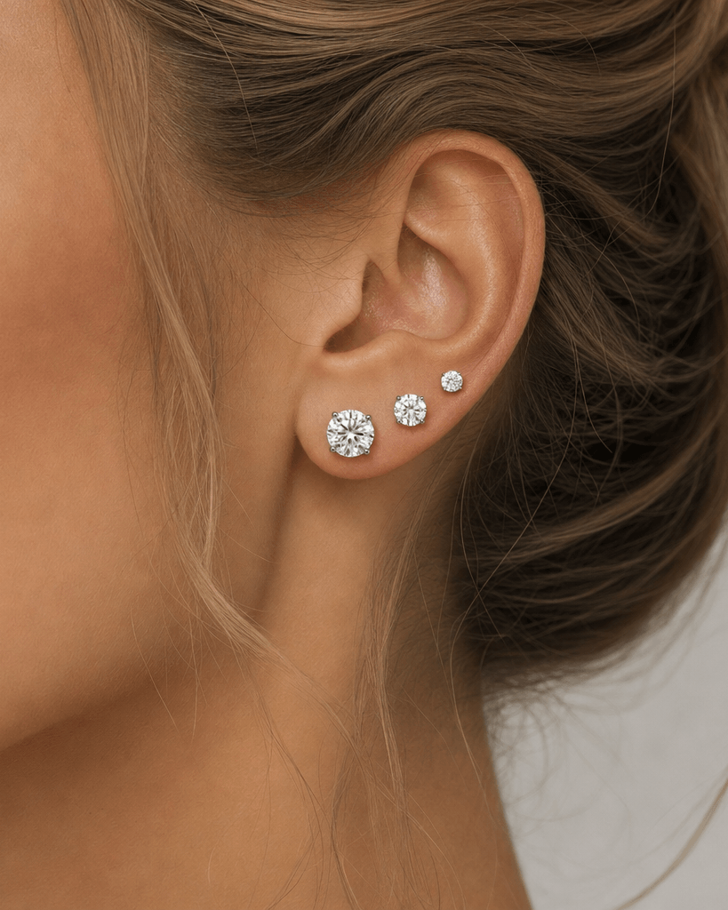 Classic Round Lab-Grown Diamond Stud Earrings showcased in a woman's ear, highlighting their sparkle and elegance.