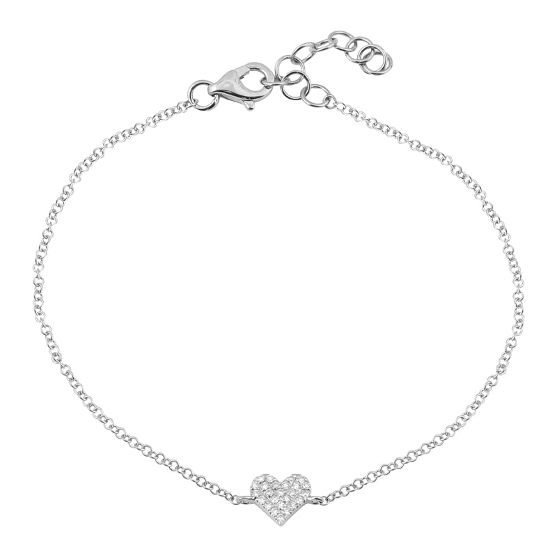 Micro Pave Diamond Heart Bracelet on a 14k gold rolo chain showcasing exquisite sparkle from densely set diamonds.