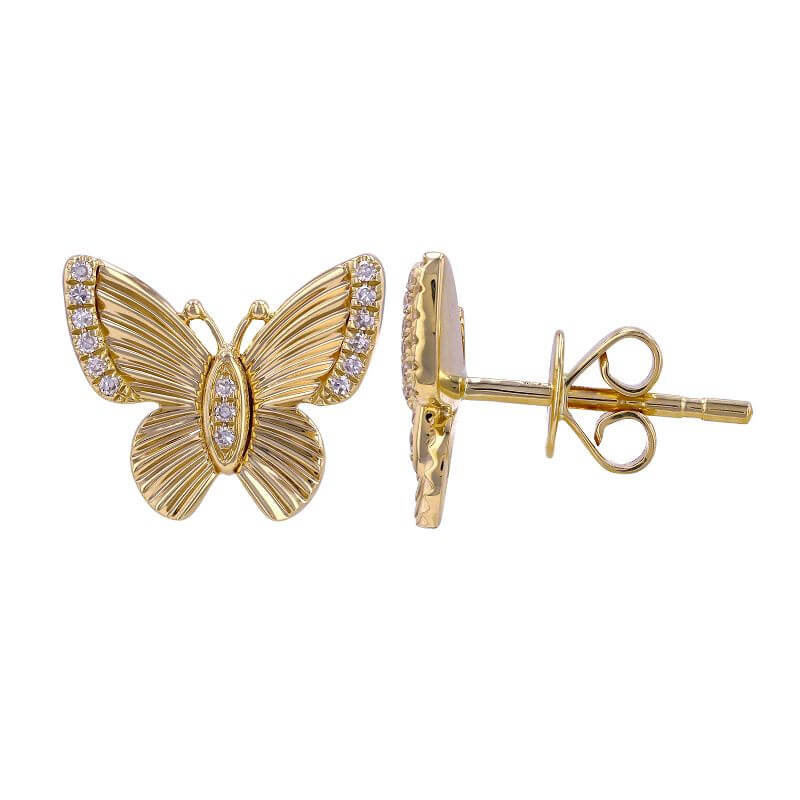 14K Gold Radiating Butterfly Diamond Button Earrings with fluted design and sparkling diamonds for elegant style.