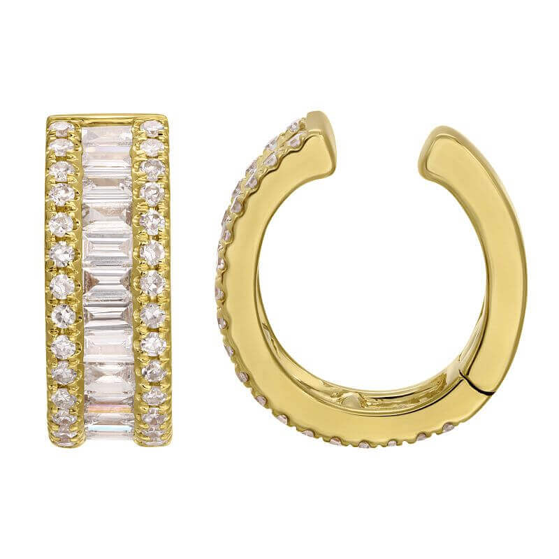 Gold hoop earrings with sparkling diamonds and baguette gems from our exclusive jewelry collection.
