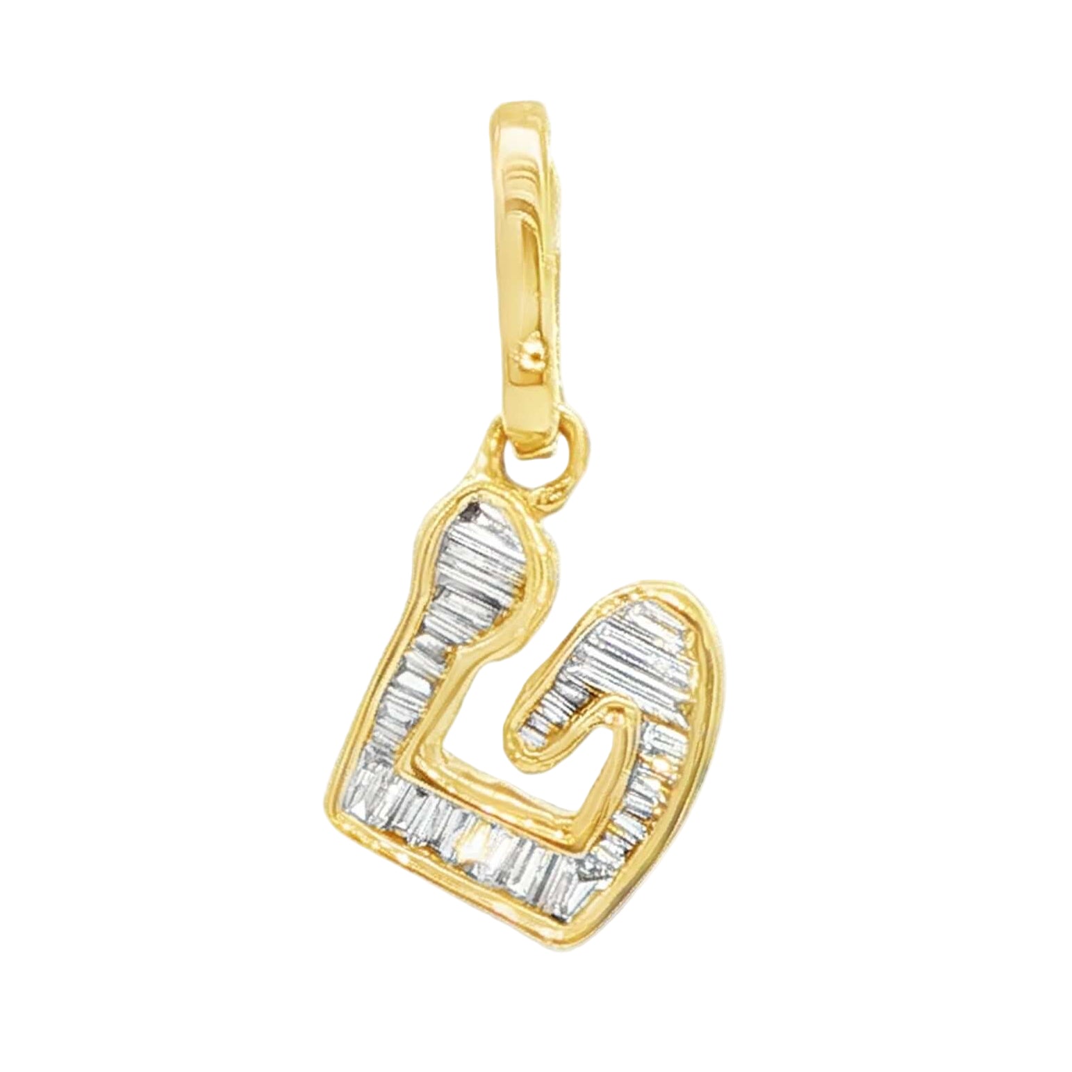 Gold hebrew letter pendant with baguette diamonds on a white background