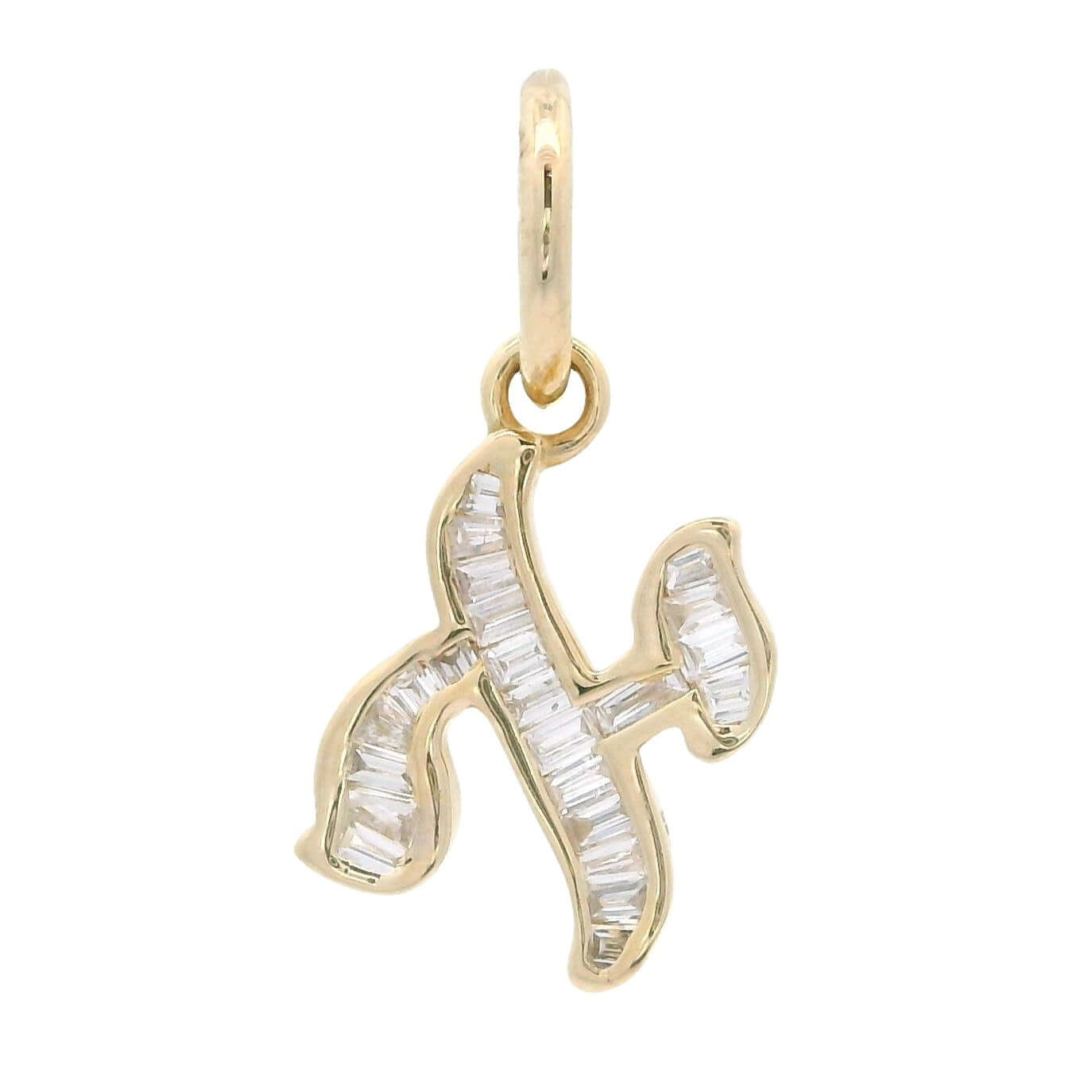 14K gold Hebrew initial charm with baguette diamonds, perfect for elegant and meaningful jewelry.