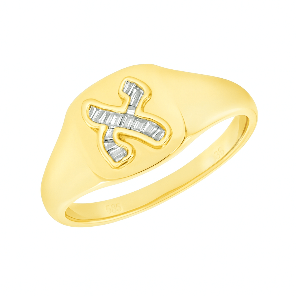 14K Gold Baguette Diamond Hebrew Initial Signet Pinky Ring with baguette diamond setting.