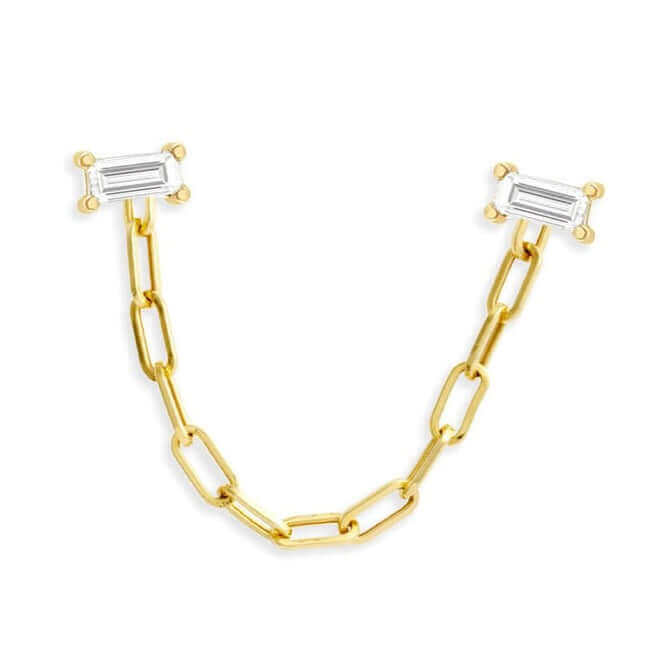 Elegant gold chain earrings with rectangular diamond accents by our luxury jewelry brand.