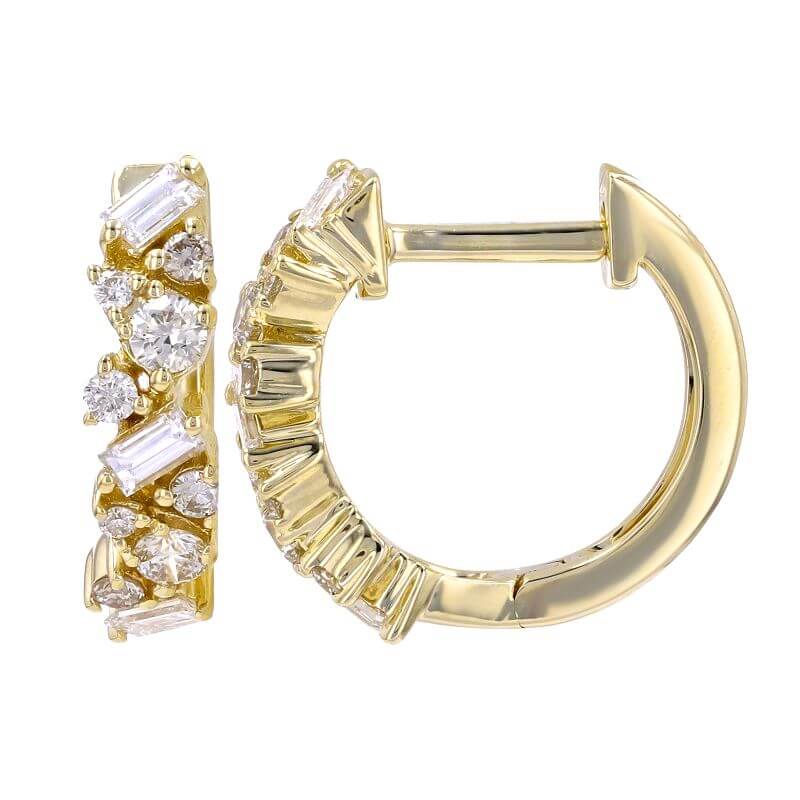 Baguette & Round Diamond Cluster Huggie Earrings crafted in 14k gold, showcasing diamond cluster design and elegant style.