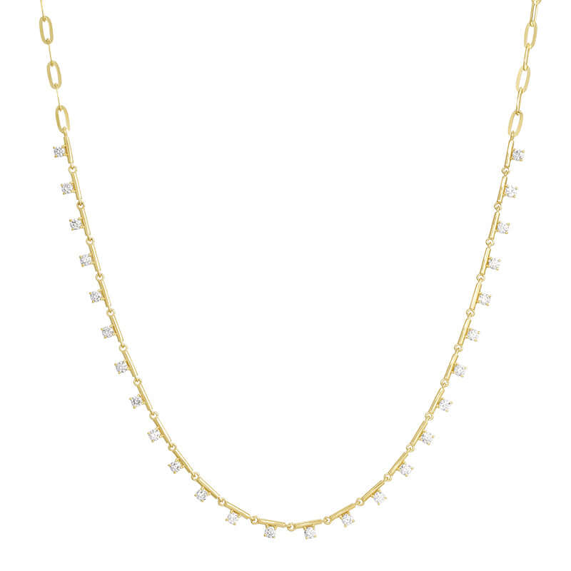 14K gold bar diamond drop station necklace with cable link chain and diamond accents, classic and elegant jewelry.