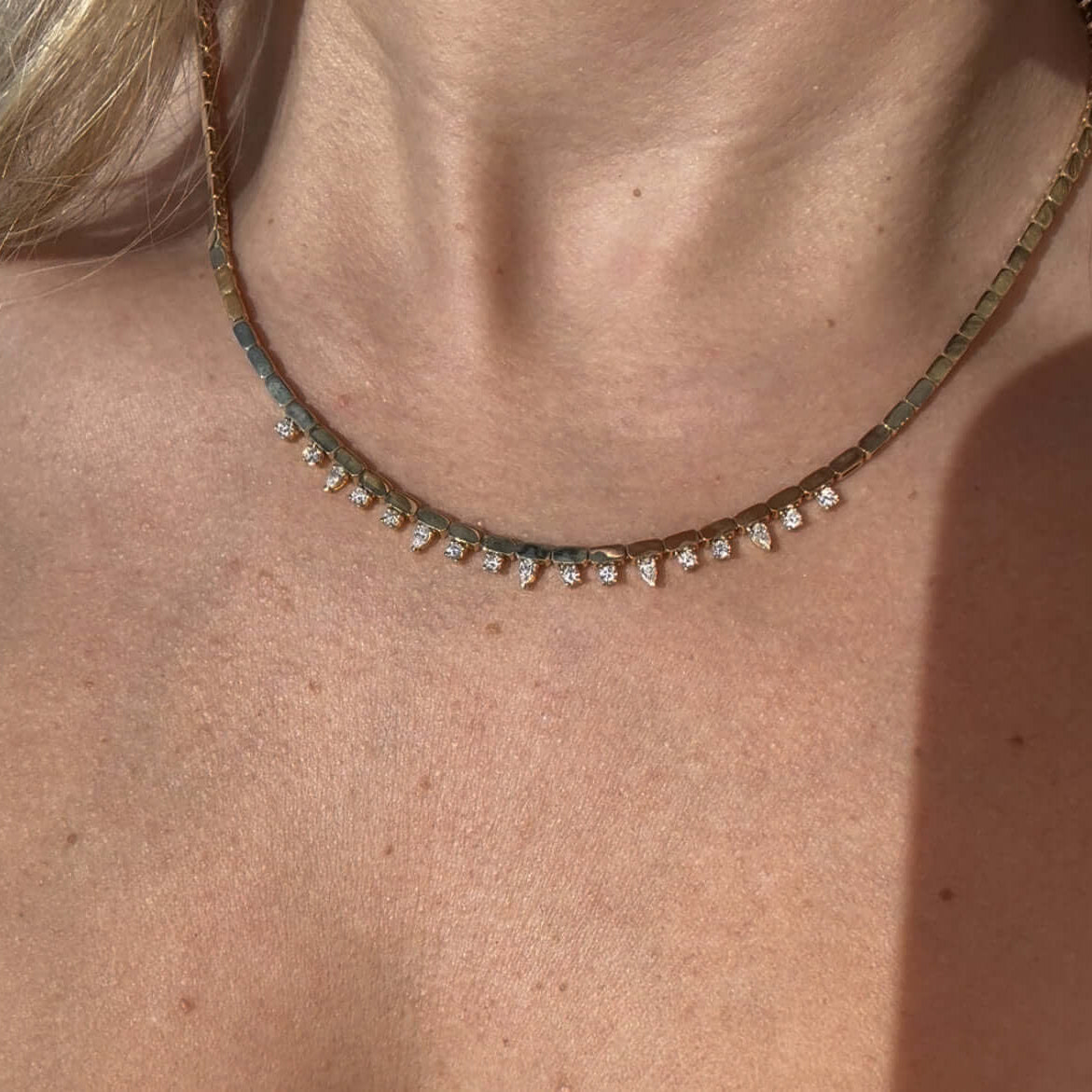 14K Gold Bars Diamond Drops Necklace with diamond accents and elegant bar-link design