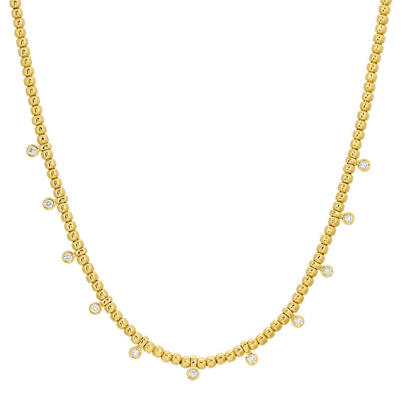 14K Gold Bezel Diamonds Drop Bead Necklace featuring delicate beads and drop diamond bezels for elegant styling.