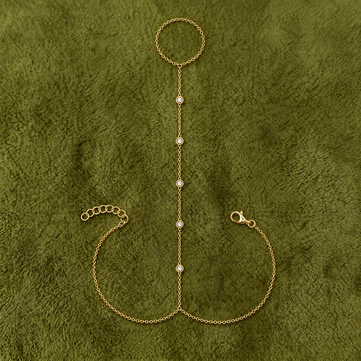 Diamond Bezel Station Hand Chain in 14K yellow gold, styled, Izakov Fine Jewelry