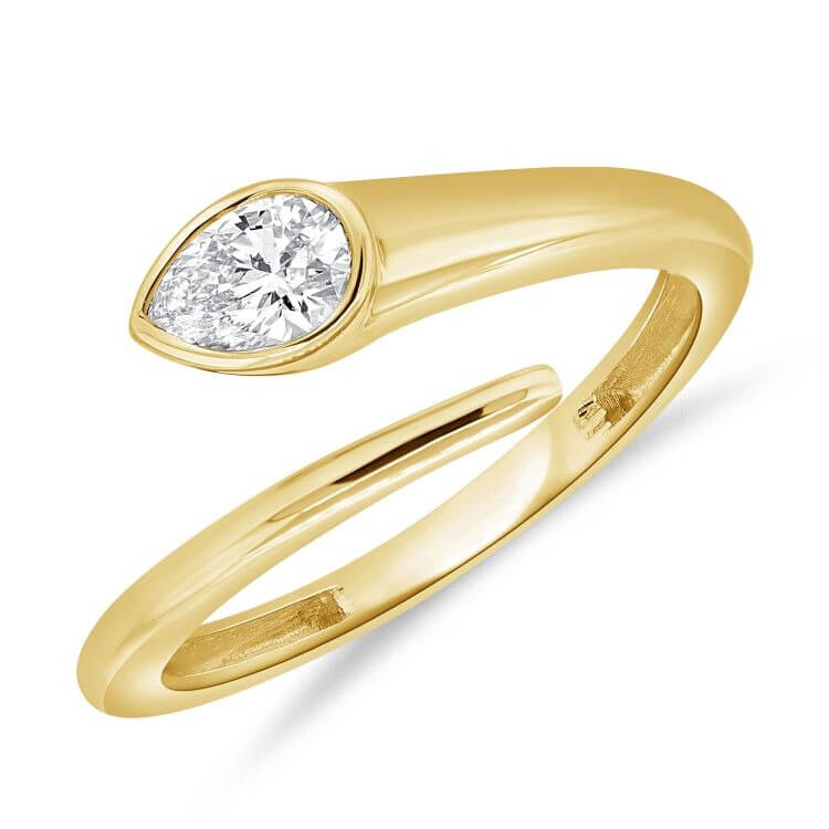 Bezel Set Pear Diamond Wrap Ring featuring a pear-shaped diamond in a 14k gold setting.