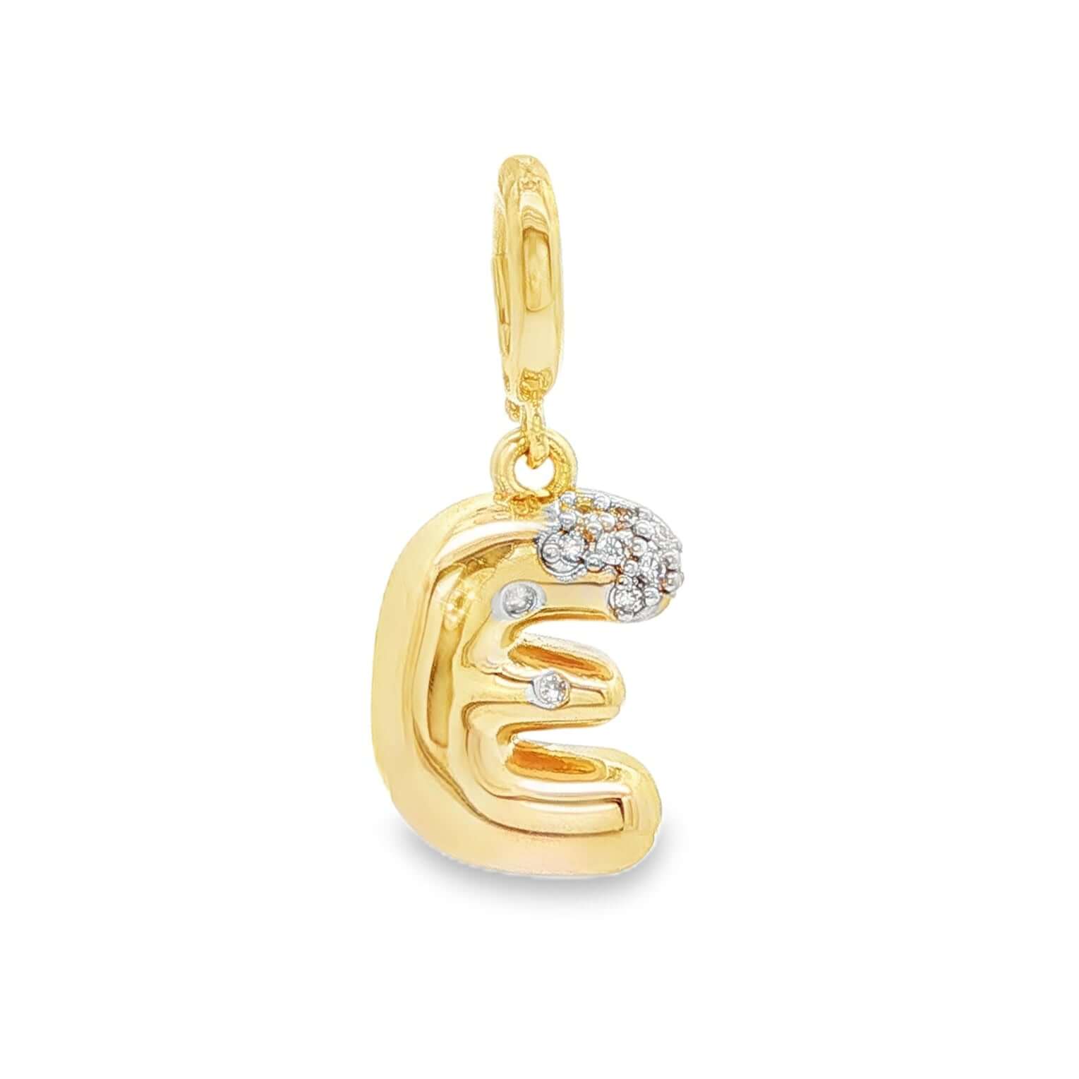14K Gold Bubble Letter Diamond Necklace Charm with diamond accents and playful design