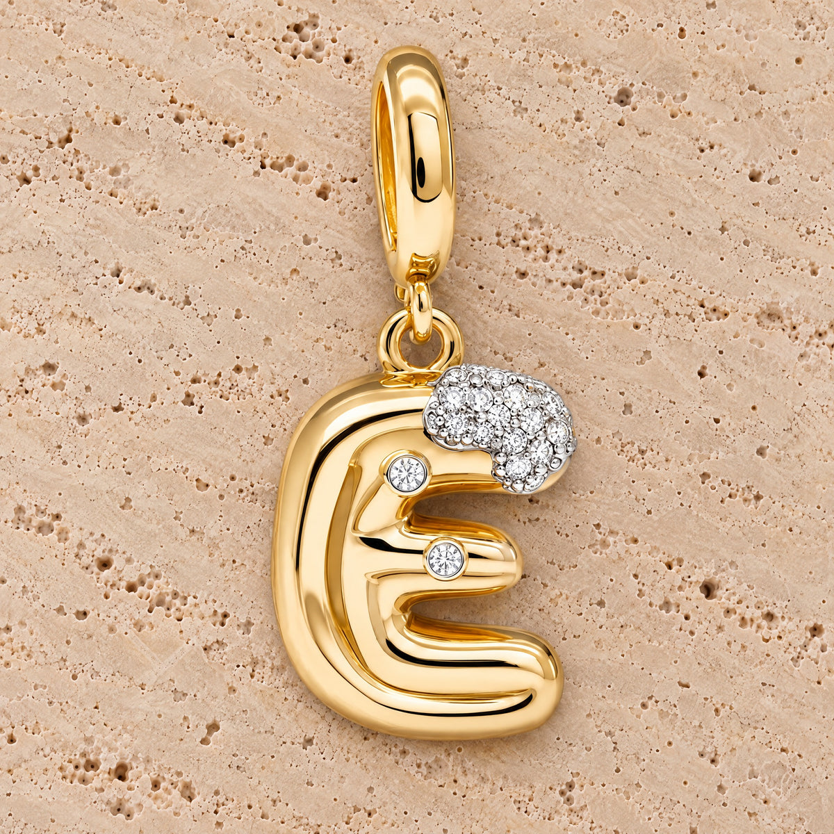 Bubble Letter Diamond Necklace Charm in 14K yellow gold, styled, Izakov Fine Jewelry