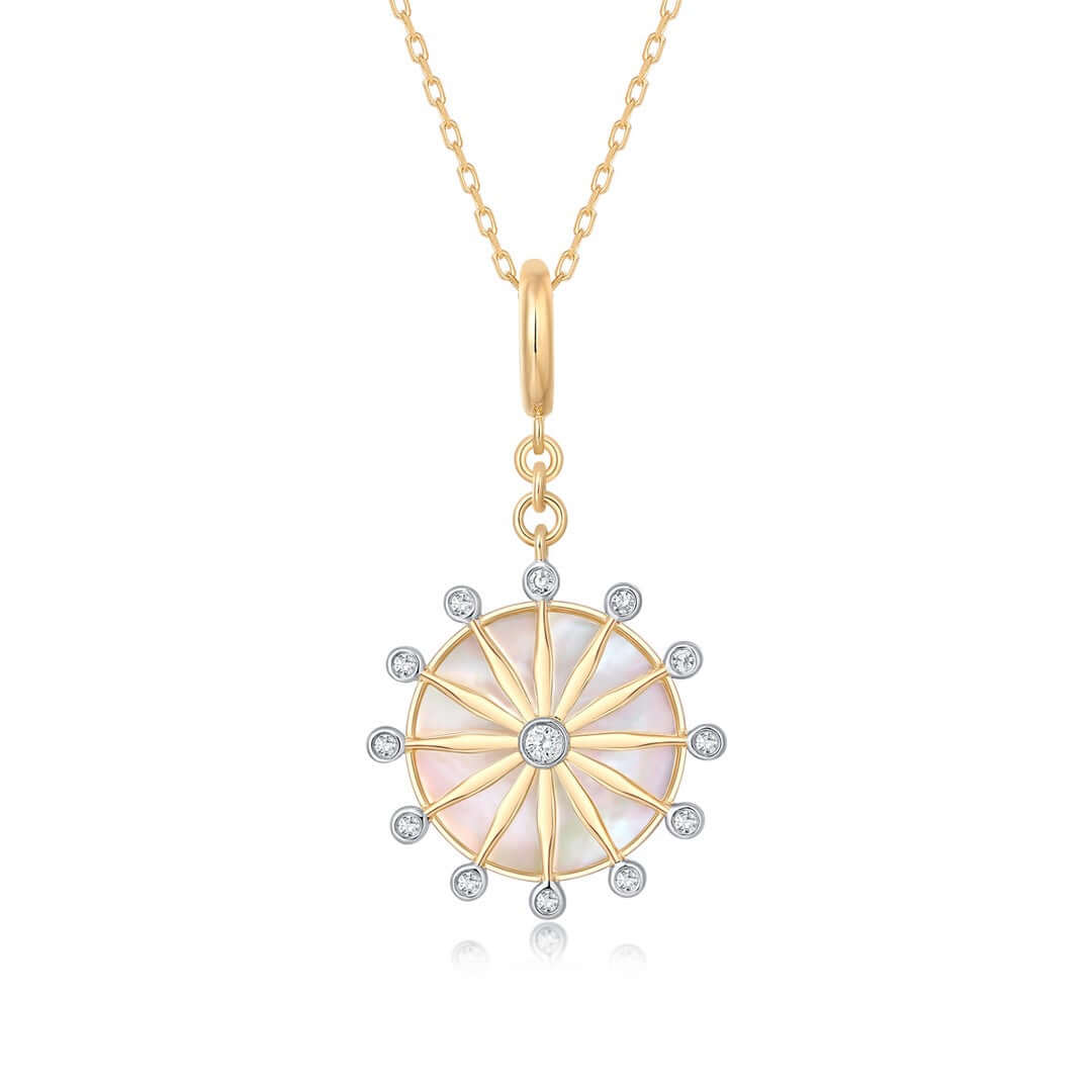 14K Gold Celestial Mother of Pearl Necklace Charm with diamond accents and mother of pearl pendant.