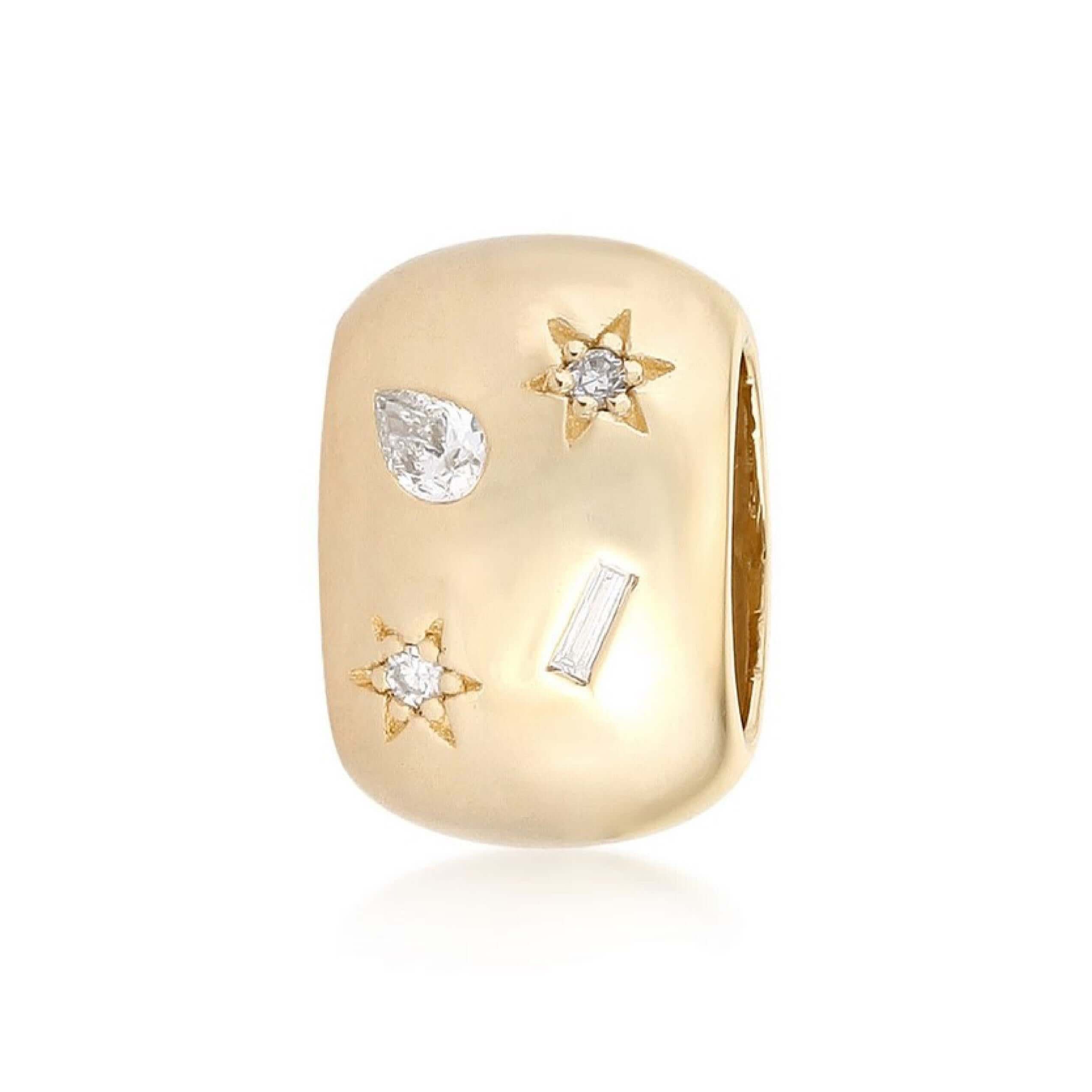 Gold beaded charm with star and diamond designs on a white background