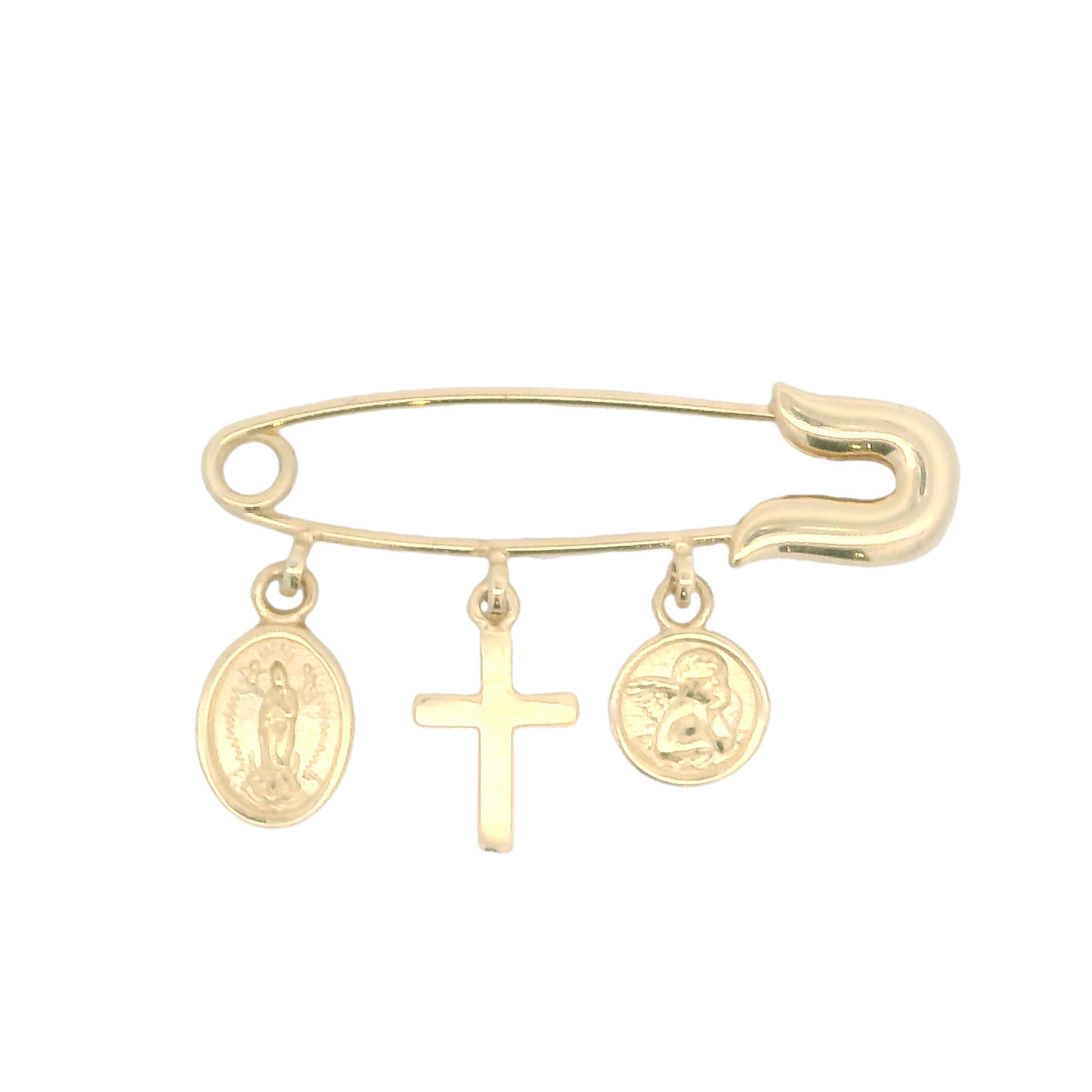 14K gold baby safety pin charm featuring a cross, Lady of Guadeloupe, and cherub angel for protection and style.