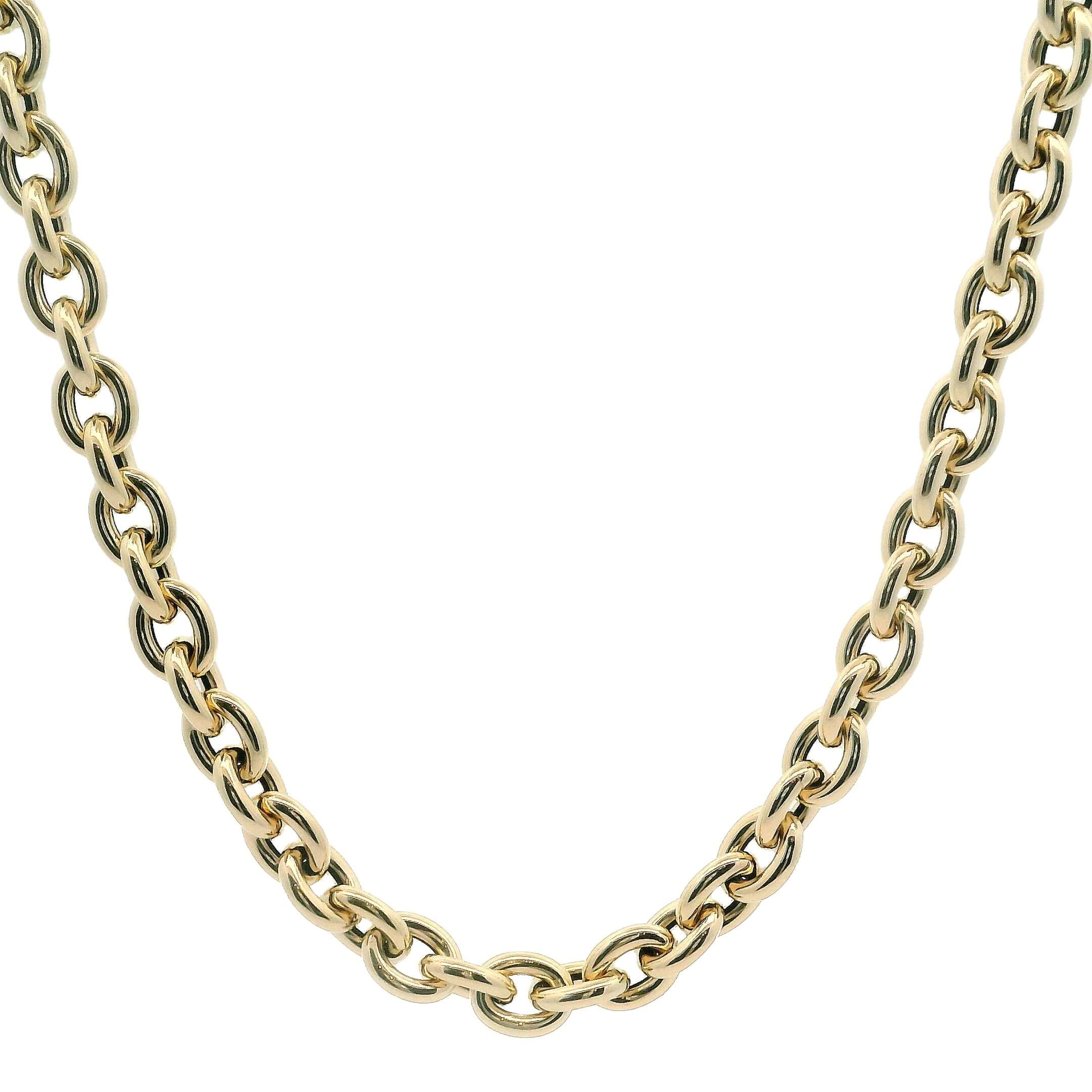 14K gold chunky cable link necklace showcasing a 5.2mm wide chain, available in 16" and 18" lengths.