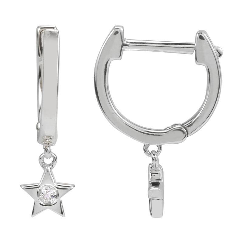 Star-shaped silver hoop earrings with diamond center - elegant jewelry accessory