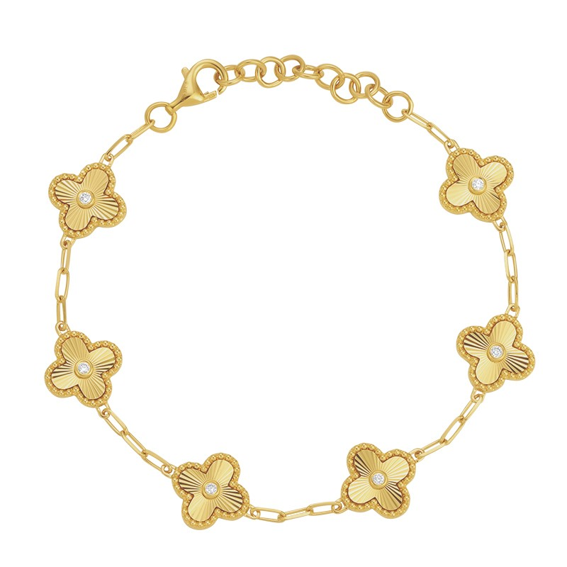 14K Gold Diamond Accented Fluted Clover Station Bracelet Yellow Gold Bracelets by Izakov Diamonds + Fine Jewelry | Izakov