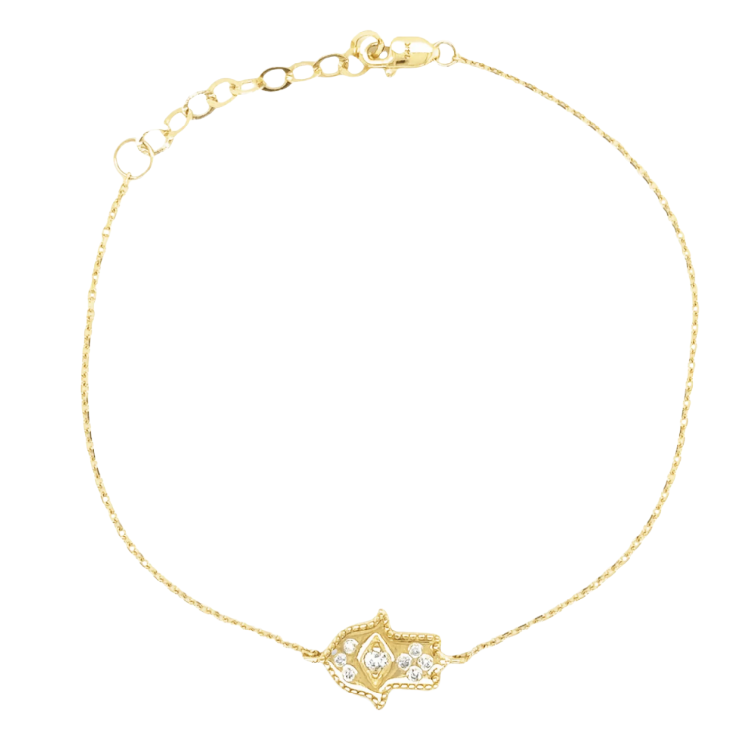 Elegant gold chain bracelet with a diamond-studded charm, perfect for adding a touch of luxury to any outfit from our jewelry brand.