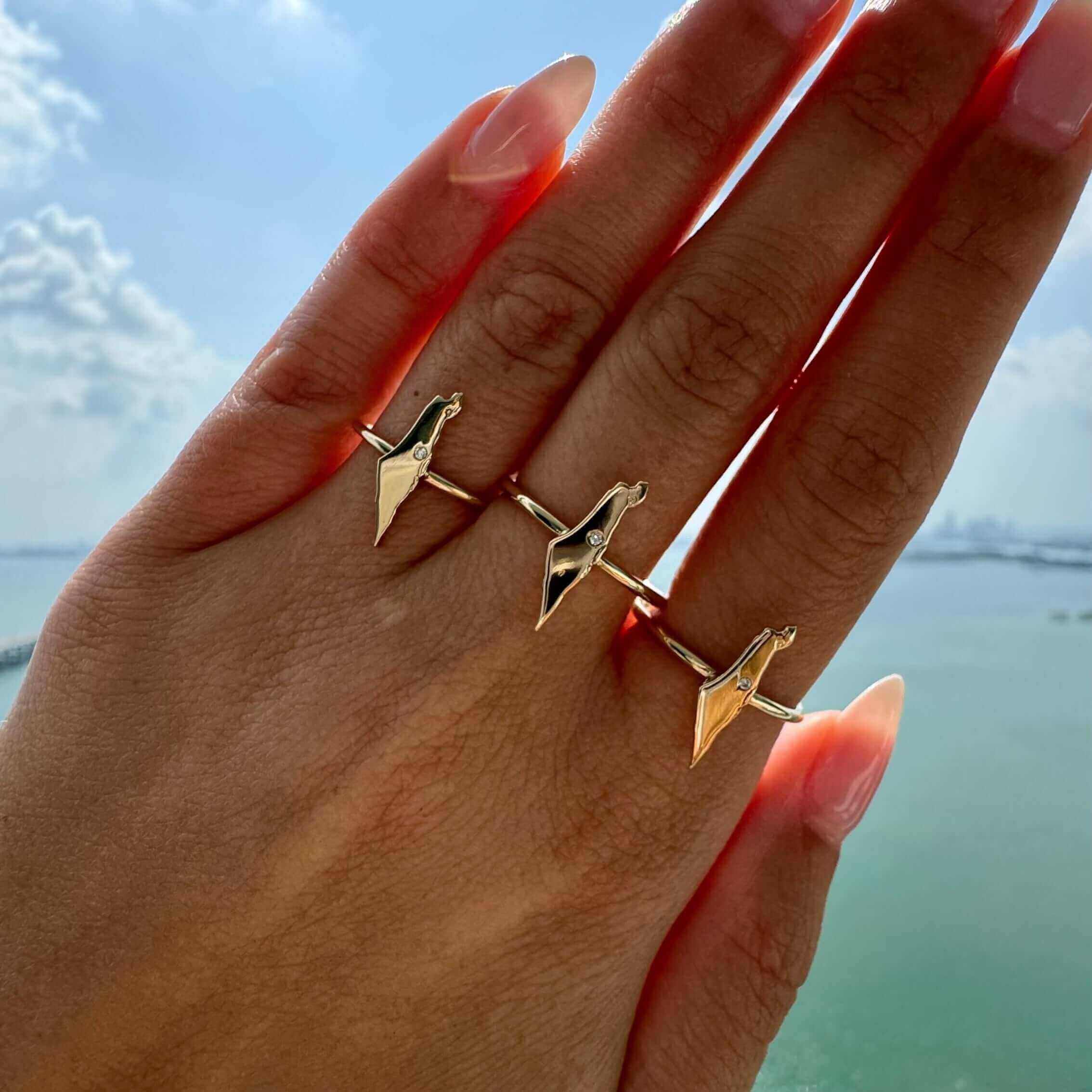 Stylish gold rings with unique arrowhead design displayed on hand, showcasing our elegant jewelry collection.