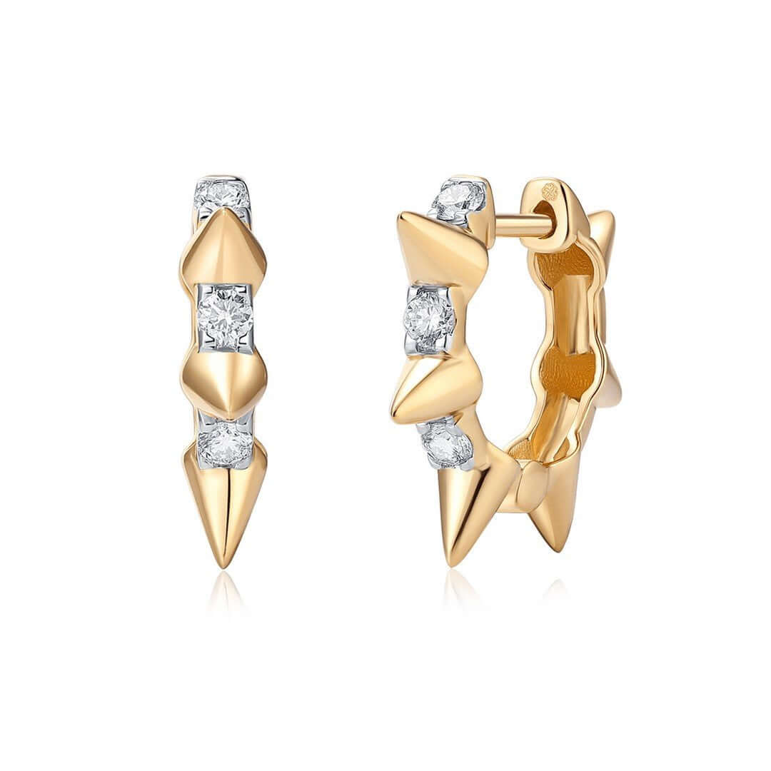 14K gold diamond accented spikes huggie earrings featuring a modern spike design and sparkling diamonds.