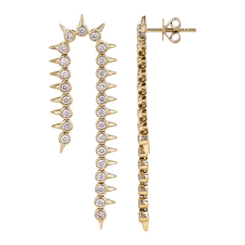 14K Gold Diamond Bezel Spikes Drop Earrings showcasing elegant design with diamond-set spikes and post back.