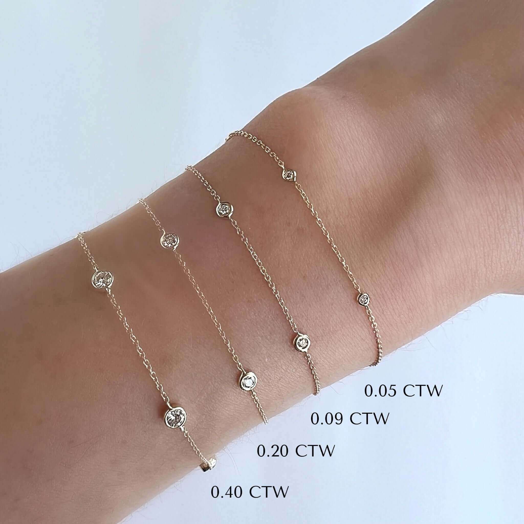 Delicate diamond-studded bracelets showing varying carat weight options from our exclusive jewelry collection on a wrist