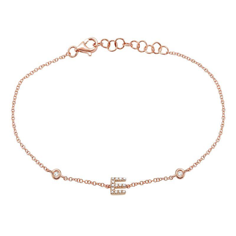 Rose gold bracelet with elegant initial 'E' charm and delicate link chain, perfect for personalized jewelry collections.