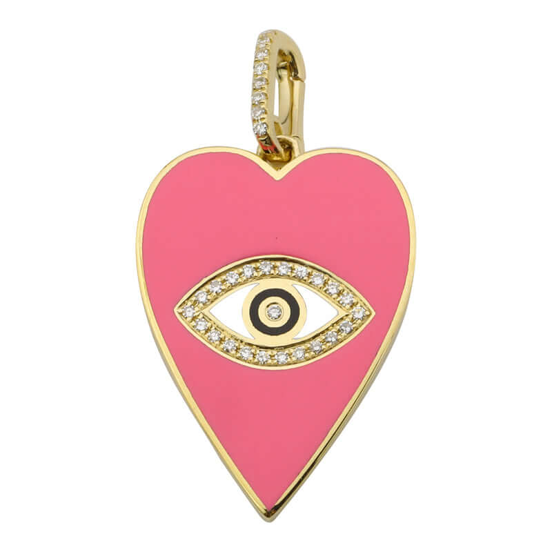 14K gold pink enamel heart charm featuring diamond evil eye, symbolizing protection and versatile fashion accessory.