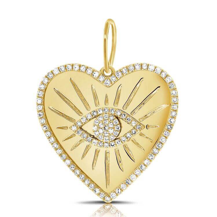 Gold heart-shaped pendant with eye design and sparkling diamonds from our exclusive jewelry collection