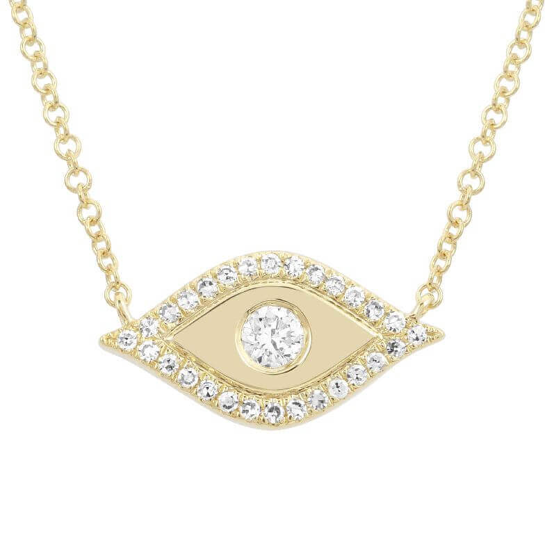 14K Gold Diamond Halo Evil Eye Necklace with 0.09 carat center diamond, elegant and protective jewelry on solid gold chain.