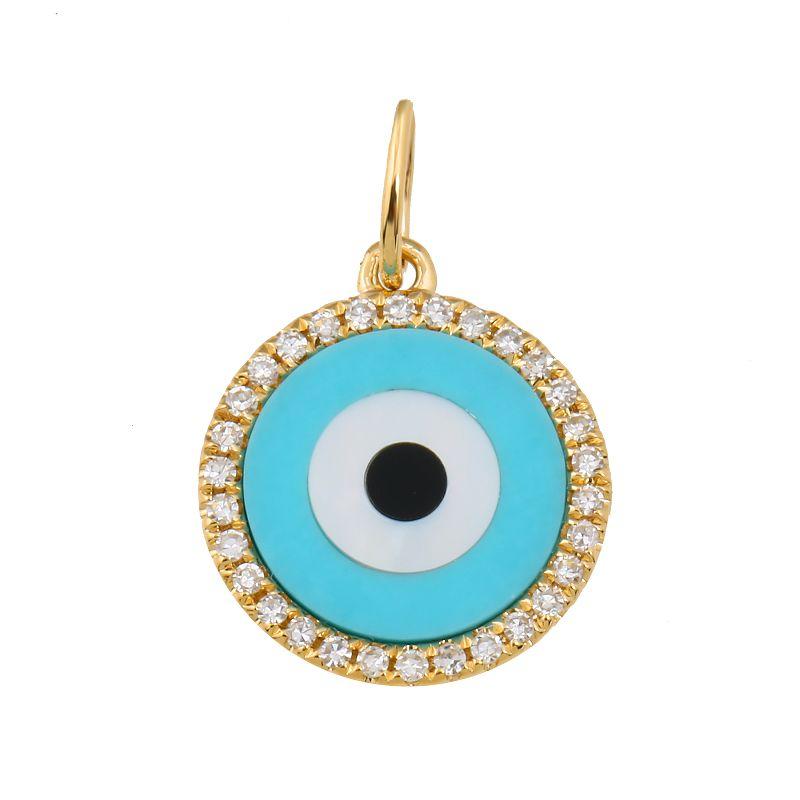 14K Gold Diamond Halo Gemstone Evil Eye Necklace Charm Yellow Gold Izakov Diamonds + Fine Jewelry