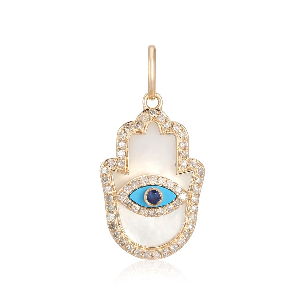 14K Gold Diamond Halo Gemstone Hamsa Necklace Charm Yellow Gold Izakov Diamonds + Fine Jewelry