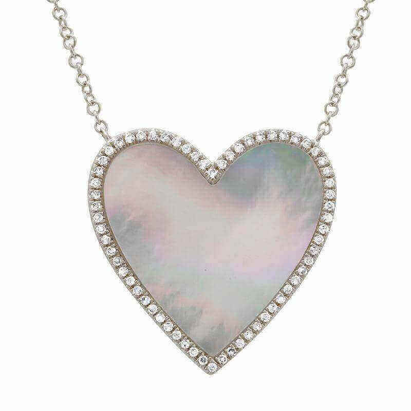 Diamond Halo Gemstone Heart Necklace with mother of pearl centerpiece and diamond accents by Izakov Fine Jewelry.