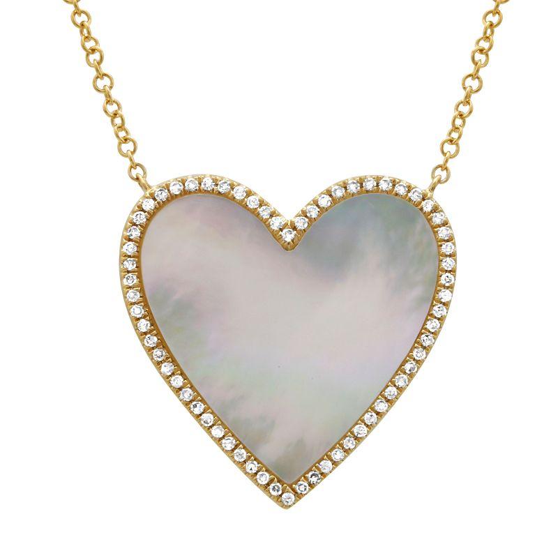 14K Gold Diamond Halo Large Mother of Pearl Heart Necklace Yellow Gold Izakov Diamonds + Fine Jewelry