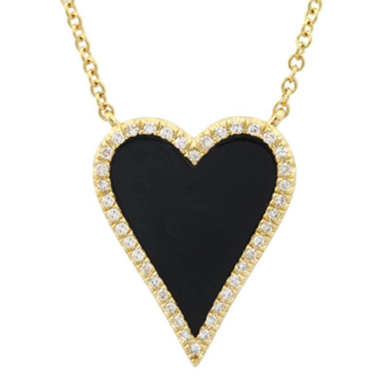 14K Gold Diamond Halo Onyx Skinny Heart Necklace Yellow Gold Izakov Diamonds + Fine Jewelry