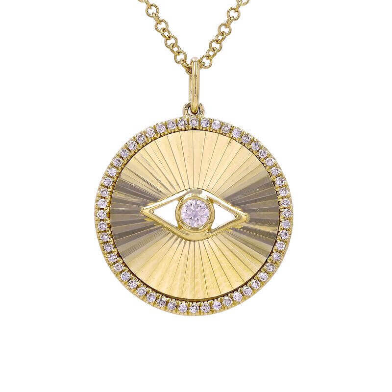 Gold pendant necklace with eye design and diamond accents from our luxury jewelry collection.