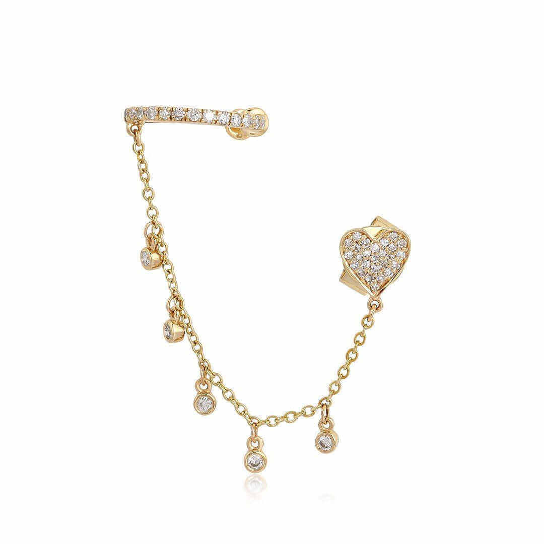 Diamond Heart Dangling Bezels Ear Cuff Earring with gold chain and paved diamonds, elegant accessory by Izakov Fine Jewelry.