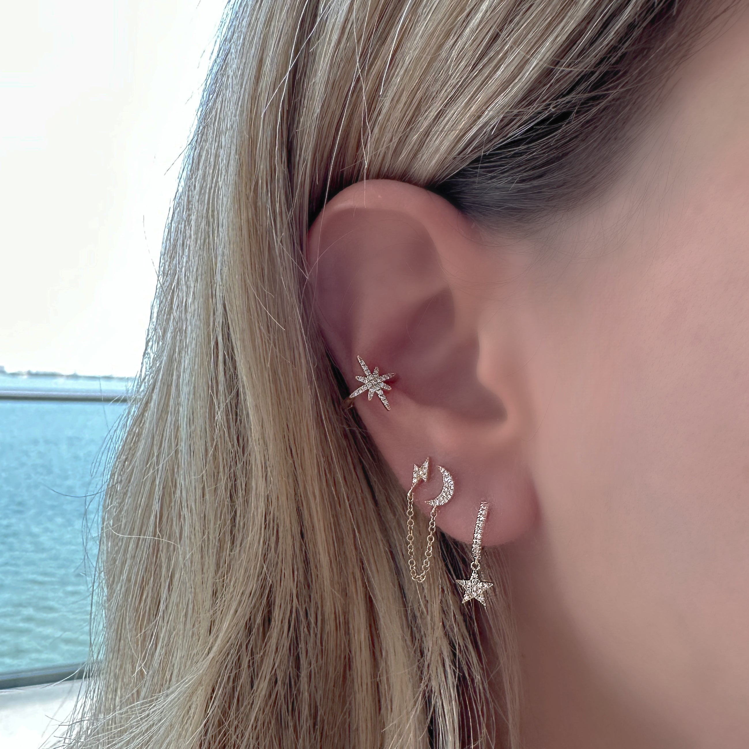 14K Gold Diamond Pave Chained Lightning Bolt & Moon Double Earring Single Earrings by Izakov Diamonds + Fine Jewelry | Izakov