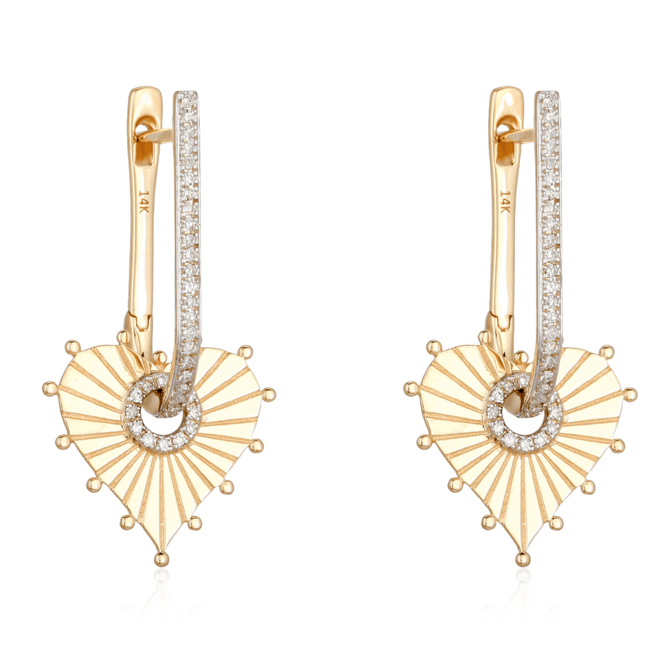 Diamond Pave Heart Charm U Hoop Earrings by Izakov Fine Jewelry in 14K Gold with pave diamonds.