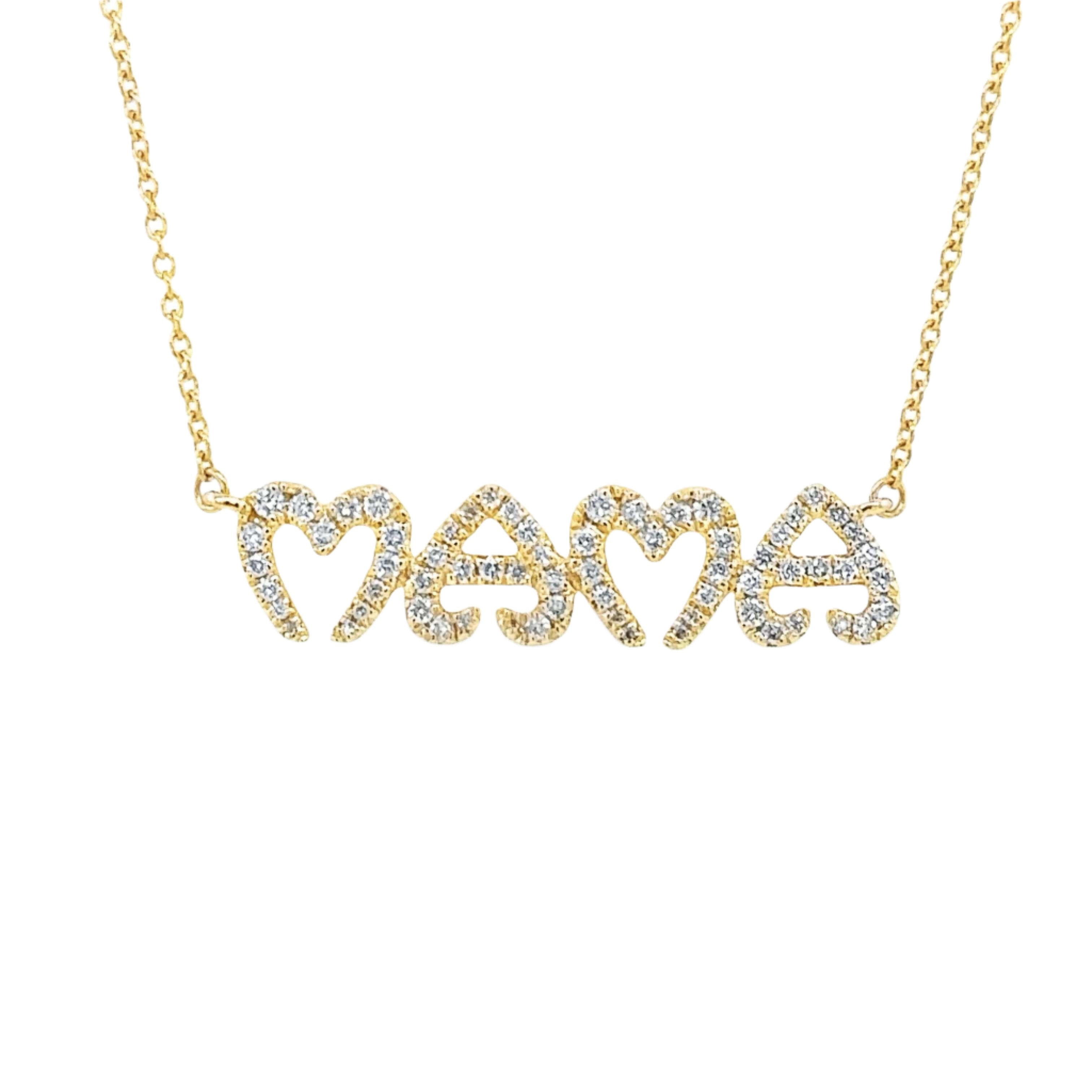 Gold "Mama" pendant necklace with diamonds, luxury jewelry by our brand.