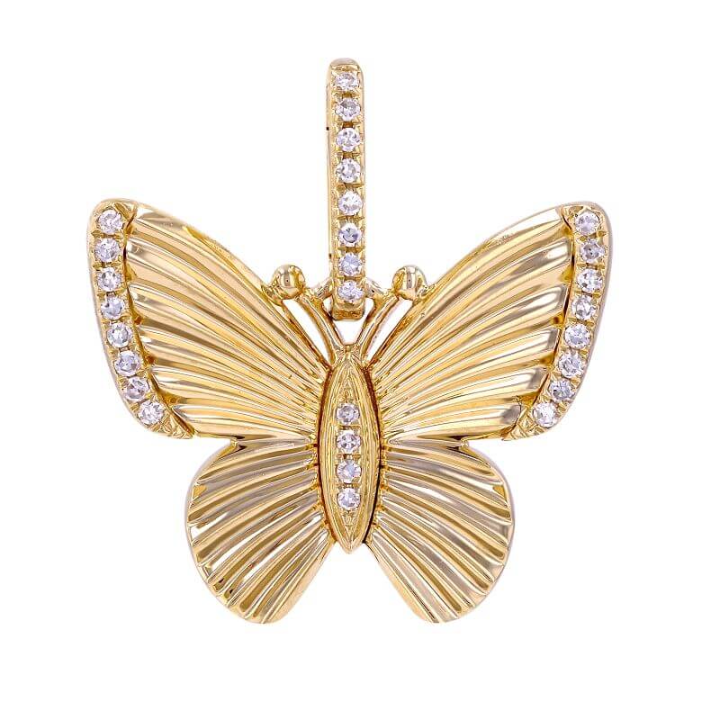 14K Gold Diamond Radiating Butterfly Necklace Charm with sparkling diamond accents and radiant design.