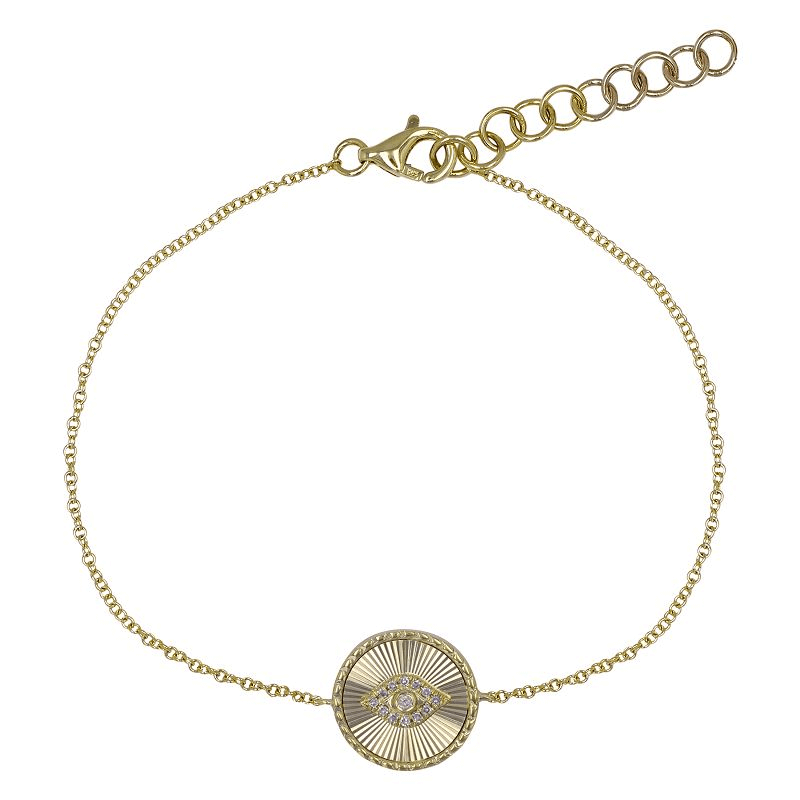 Gold chain bracelet with round sunburst charm featuring gemstone for our stylish jewelry collection.