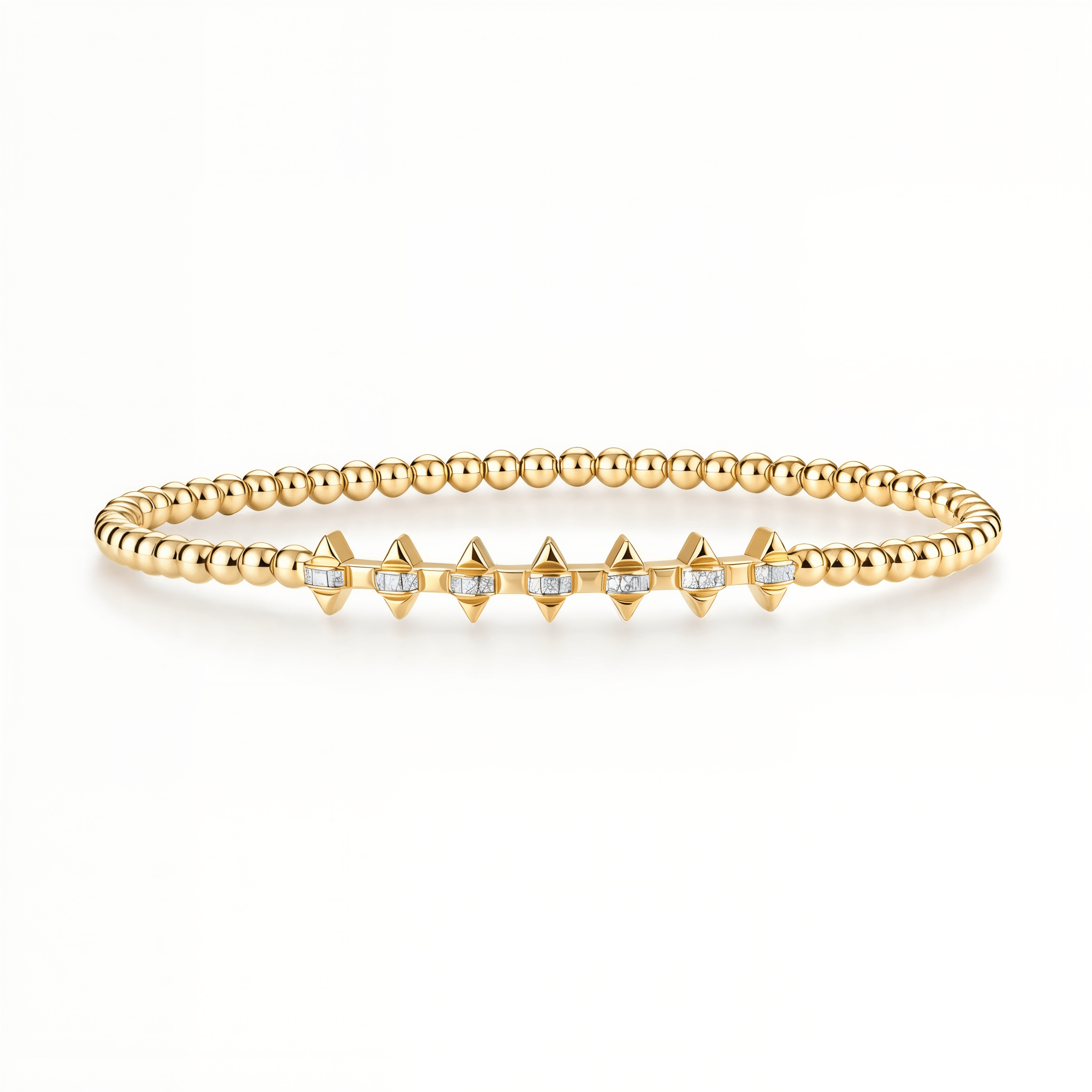 Diamond Spike Ball Stretch Bangle Bracelet featuring gold beads and geometric spikes with round-cut diamonds.