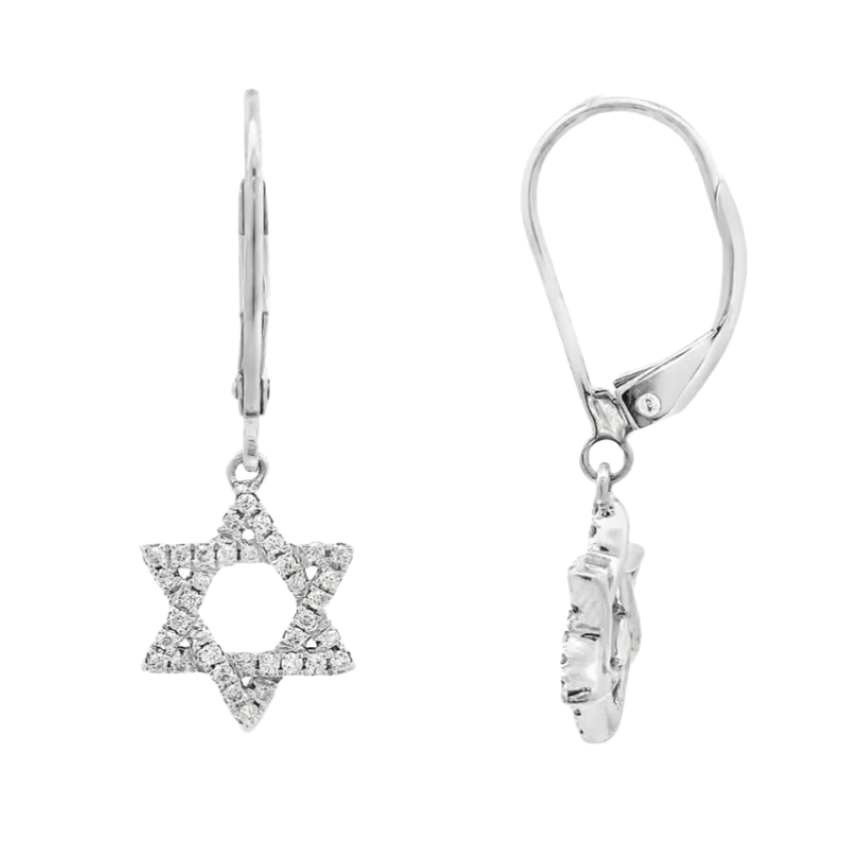 14K gold diamond Star of David leverback drop earrings showcasing sparkling diamonds and elegant design.