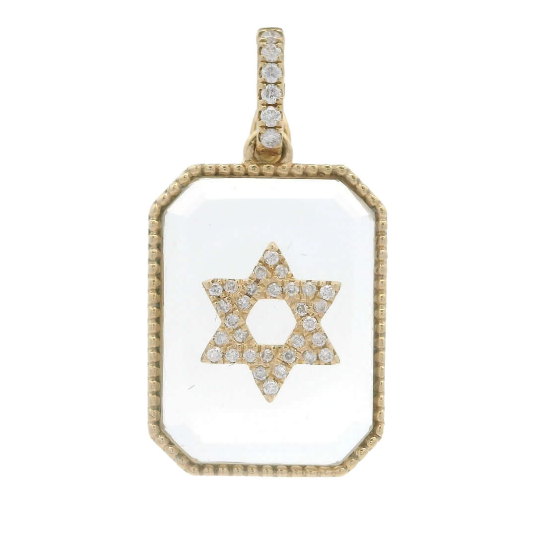14K gold diamond Star of David pendant on crystal with milgrain details, perfect for adding elegance to any chain.