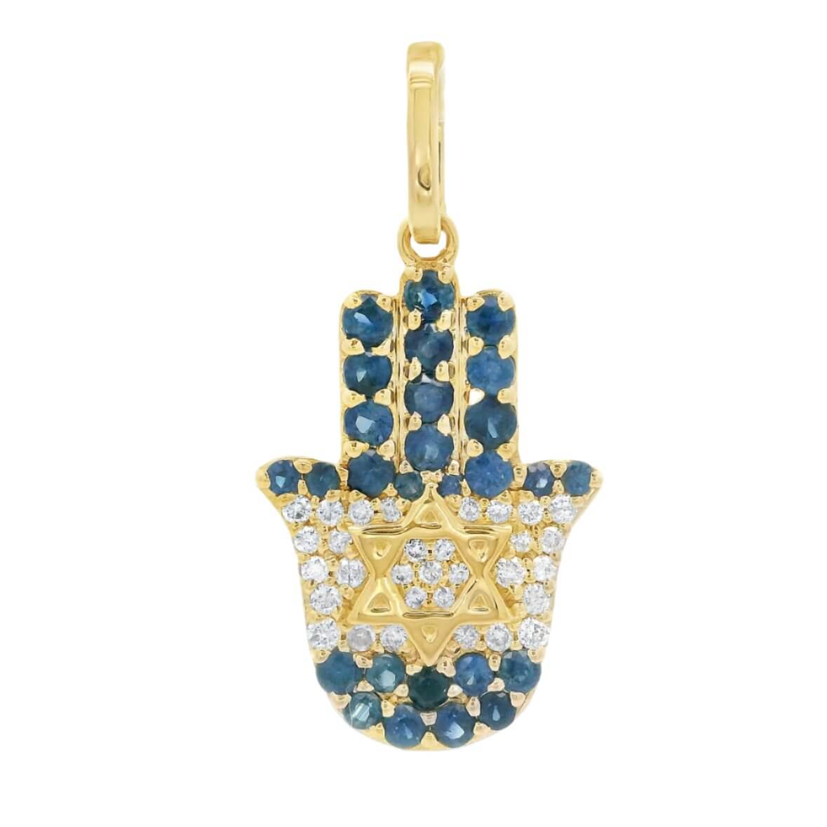 14K gold hamsa pendant adorned with diamonds and sapphires, featuring the Israel flag design. Elegant and cultural statement piece.